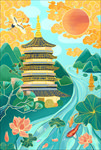 国潮复古建筑插画