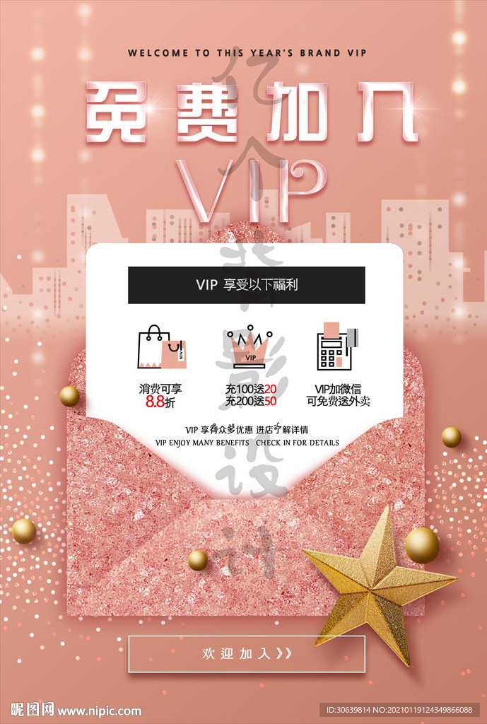 VIP海报 会员 粉色 简约