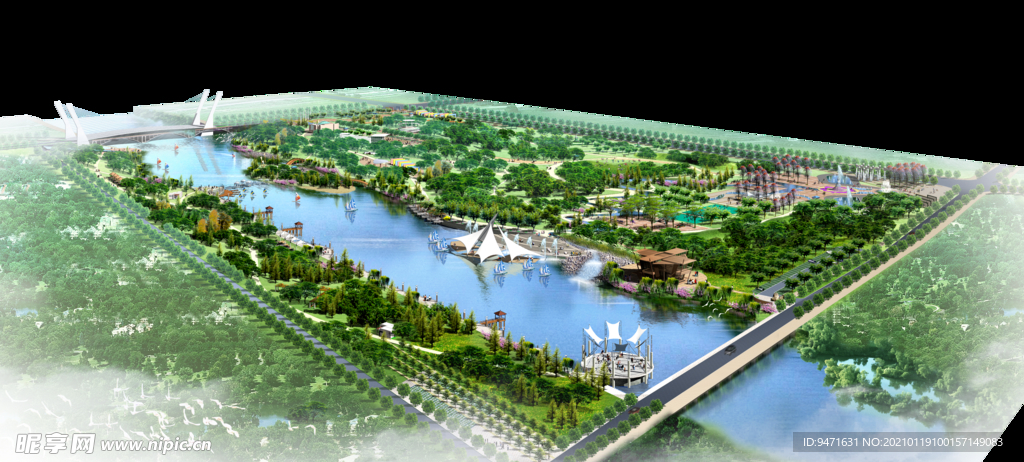 河滨水公园建筑鸟瞰效果图