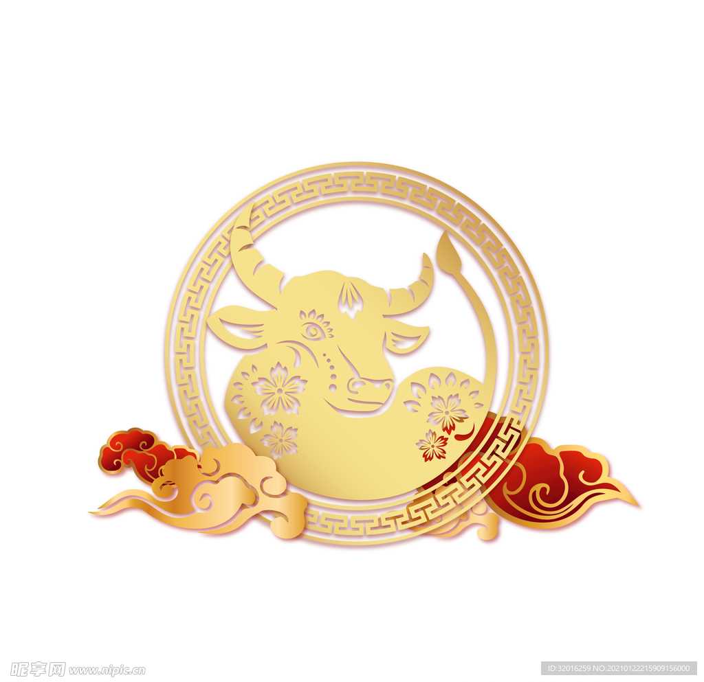 金色红色祥云牛头2021新年喜