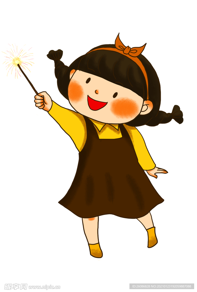 手绘玩烟花的小姑娘