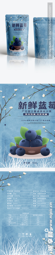 蓝色蓝莓水果包装袋设计