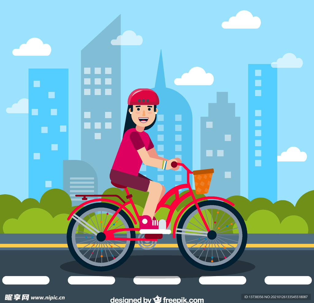 插画城市建筑自行车兜风
