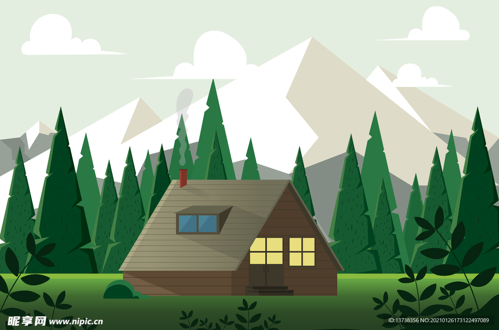 矢量元素扁平化手绘风景小屋