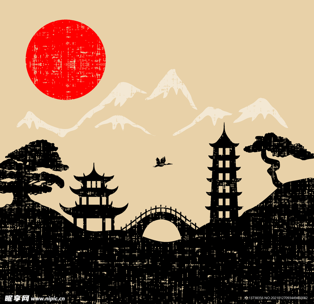 和风矢量元素扁平化手绘风景