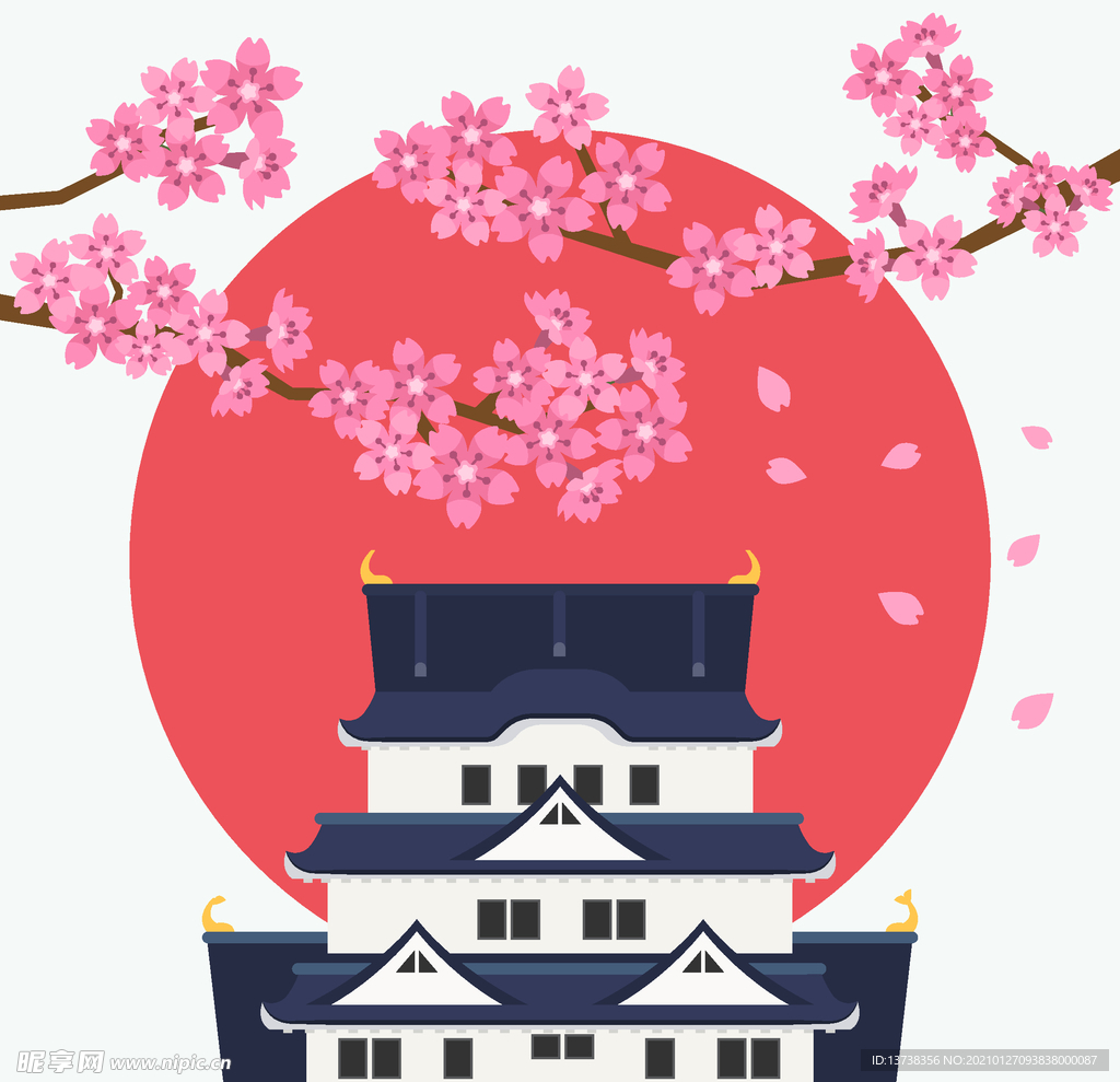 和风矢量元素扁平化手绘风景