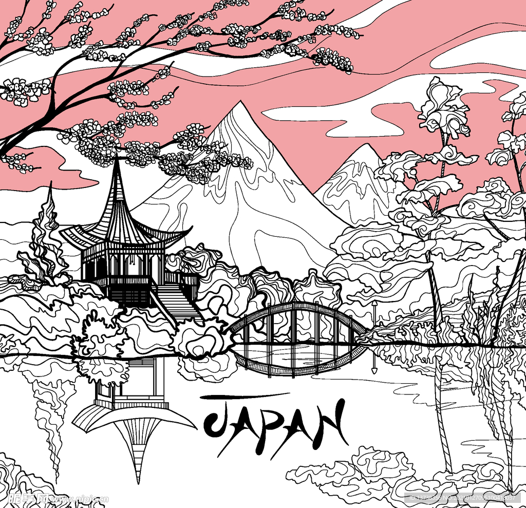 和风矢量元素江边阁楼湖光景