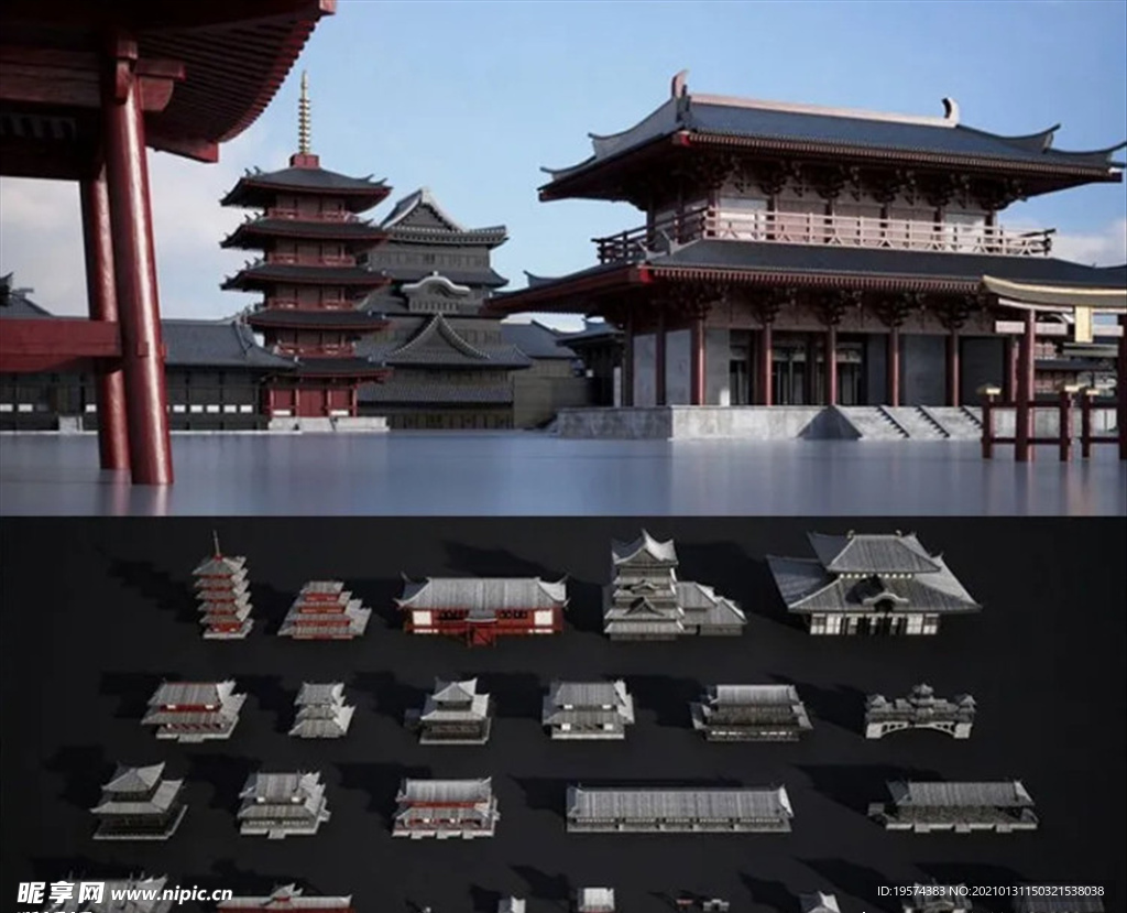 C4D模型唐代古建筑物