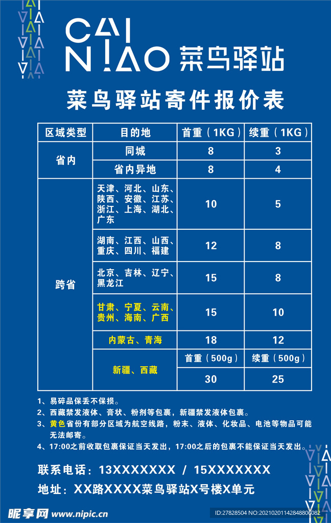 菜鸟驿站寄件报价表