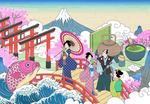 富士山下的居民卡通动漫彩绘