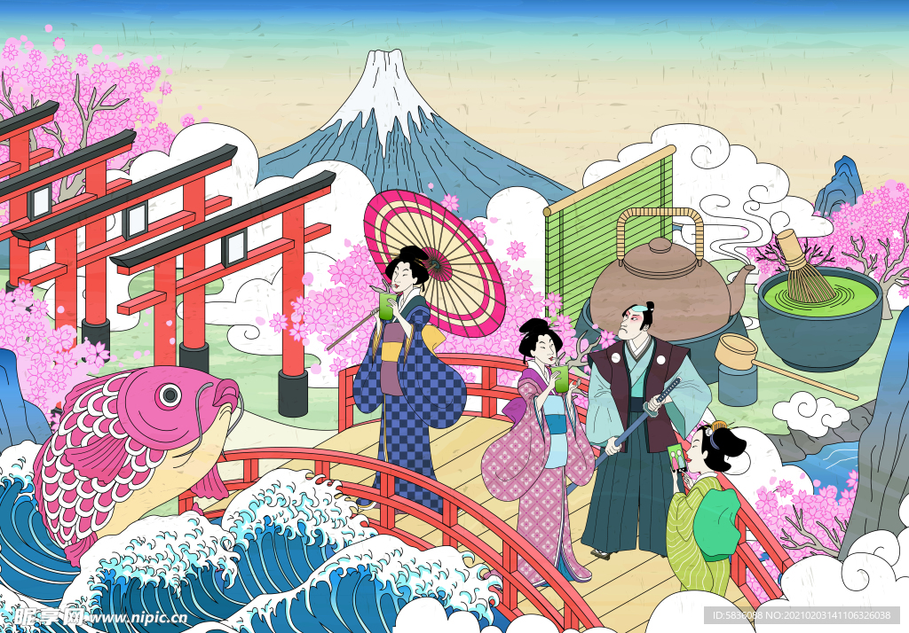 富士山下的居民卡通动漫彩绘