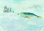 白云中叼烟斗的飞鱼动漫装饰画