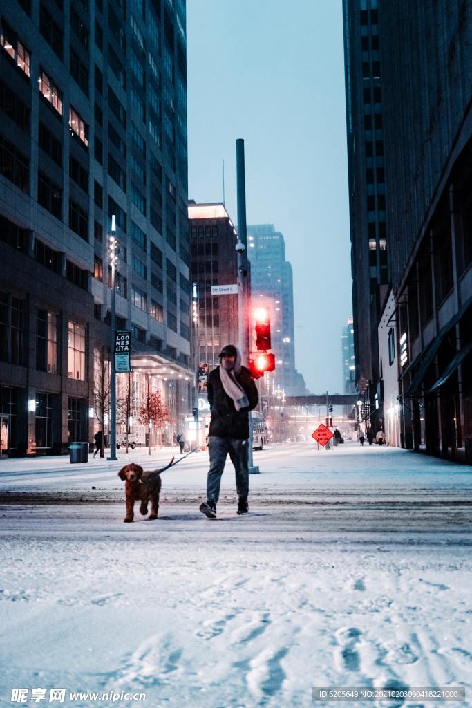 城市雪中遛狗的人