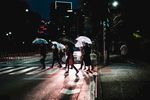 雨夜撑伞过人行道的行人