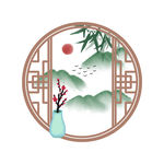 水墨元素古典窗竹林梅花