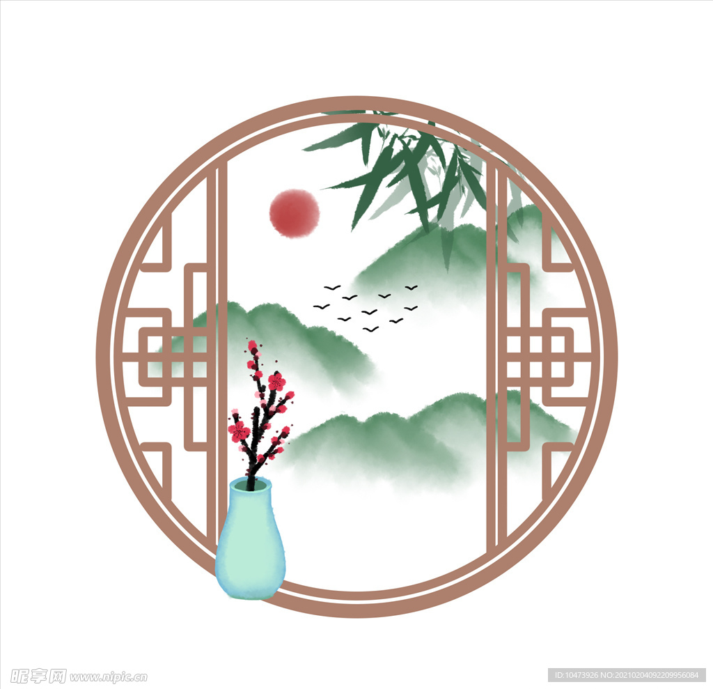 水墨元素古典窗竹林梅花