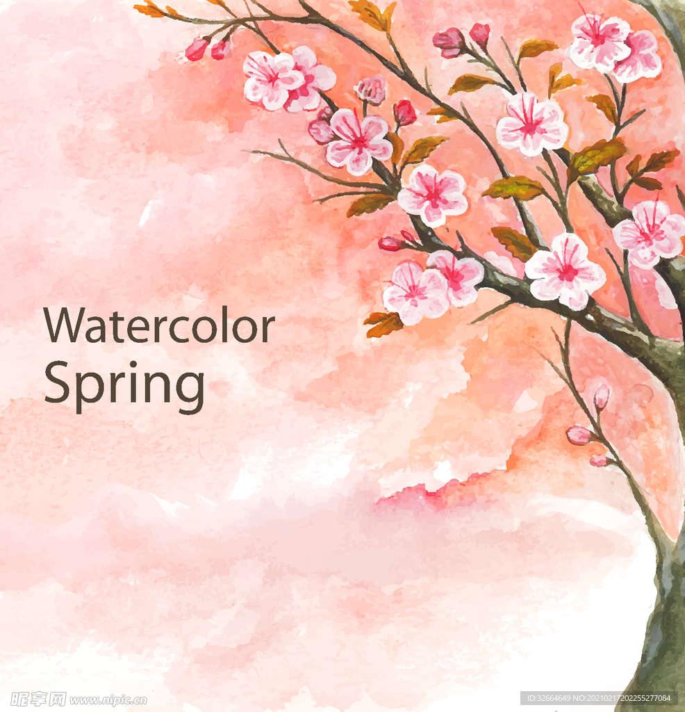 水彩绘春季粉色樱花树矢量素材图