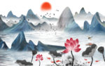 中国风荷花山水装饰画