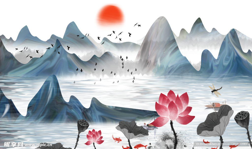 中国风荷花山水装饰画
