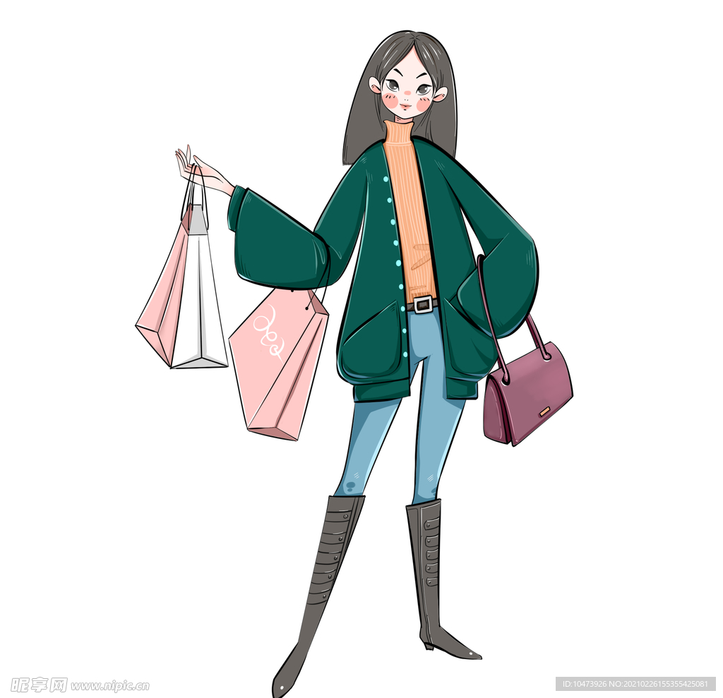 卡通手绘-创意冬季购物长发女子-好图网