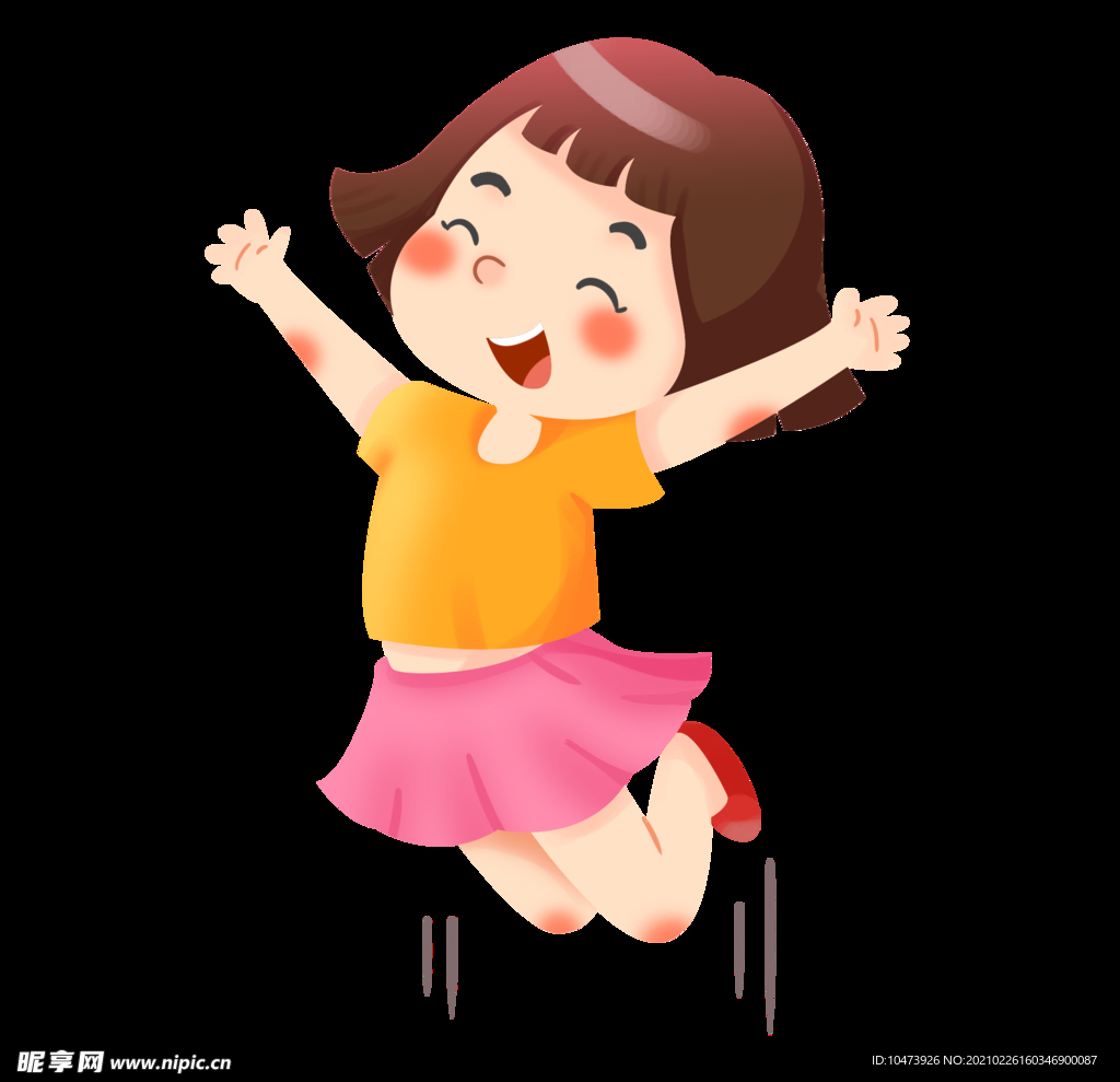 卡通手绘人物蹦跳开心的少女