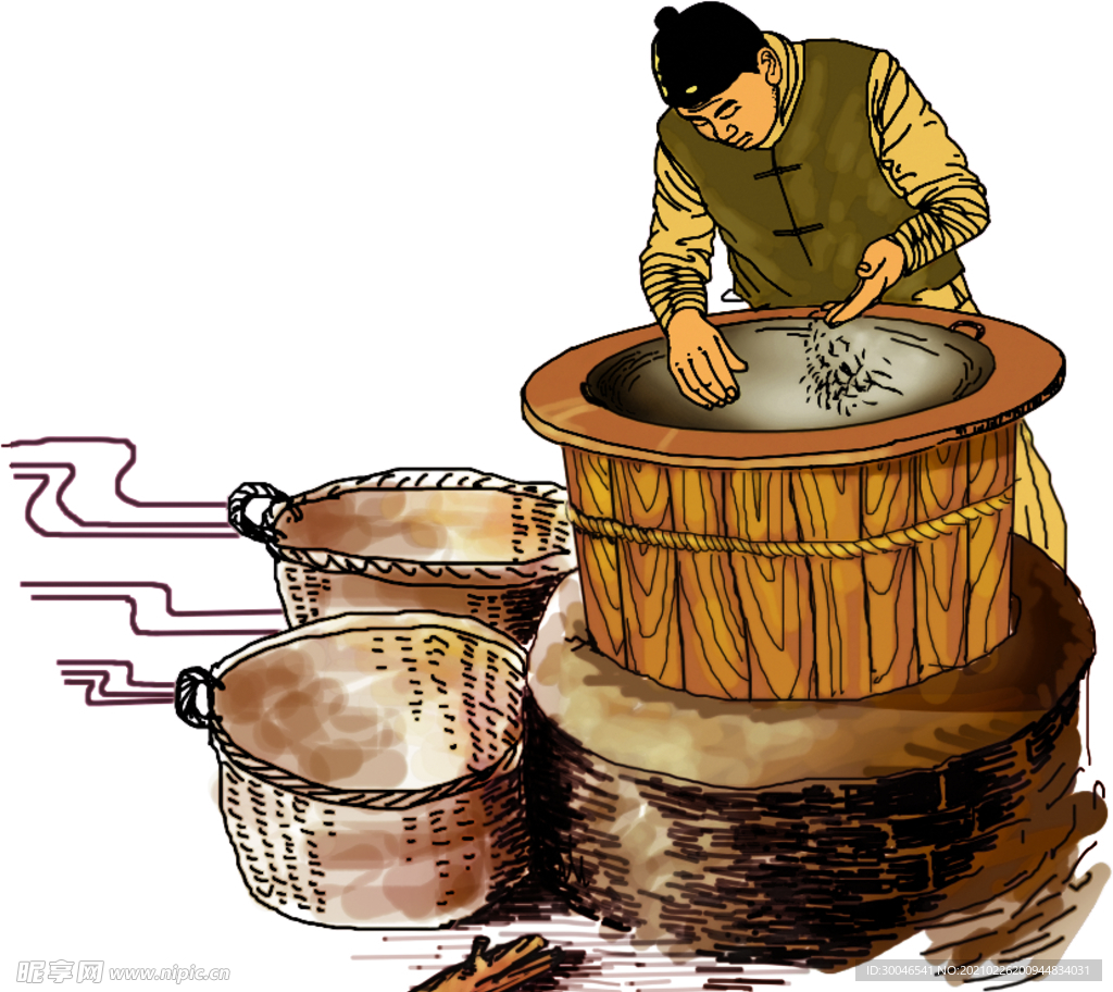 古代磨豆浆插画