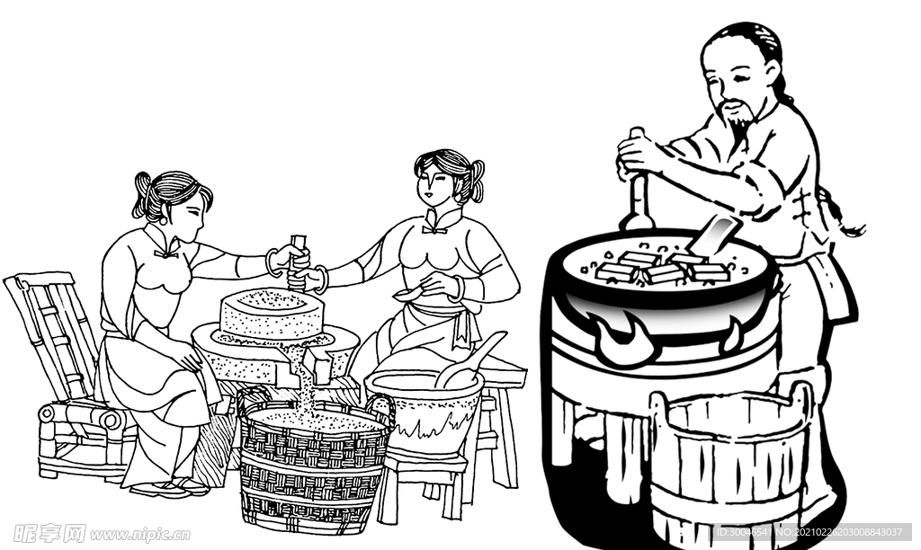 古代磨豆浆线稿