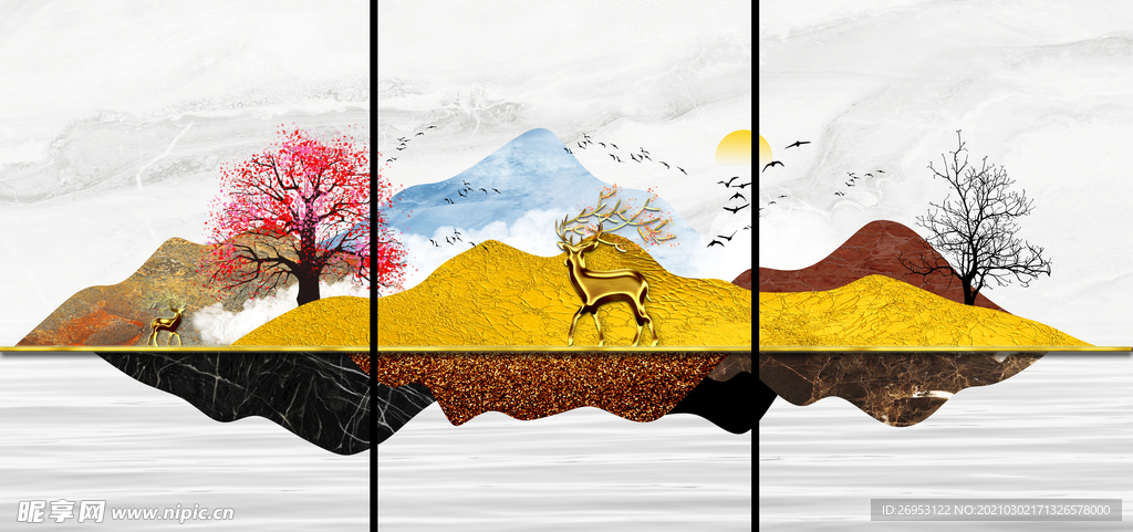 风景山水三连画