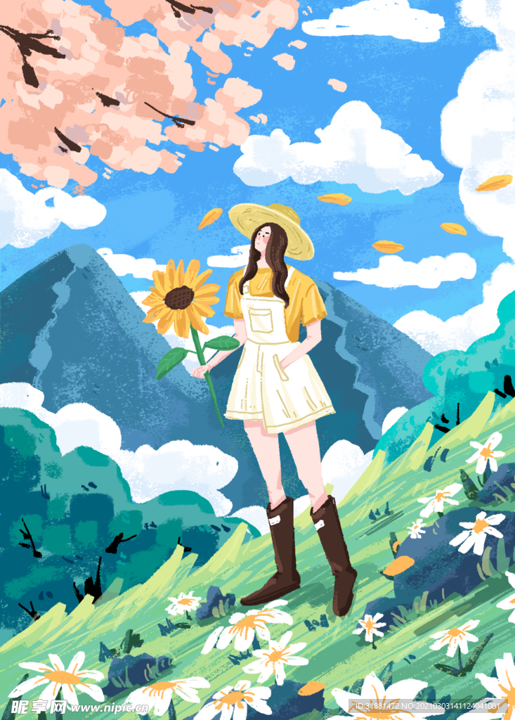 春暖花开女孩治愈插画