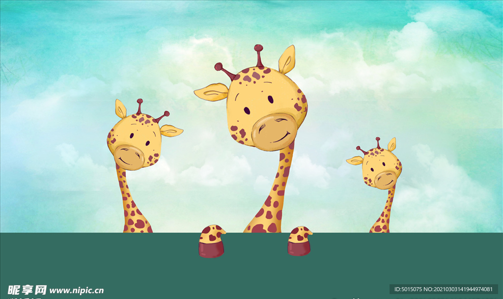 卡通儿童房手绘可爱长颈鹿背景墙