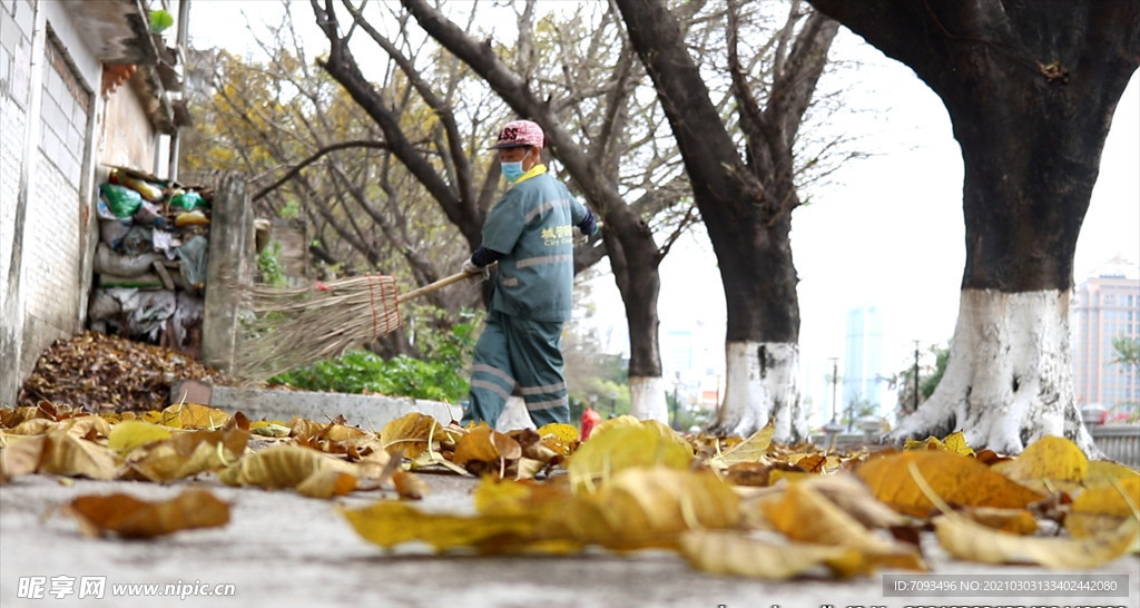 落叶  清洁工 打扫