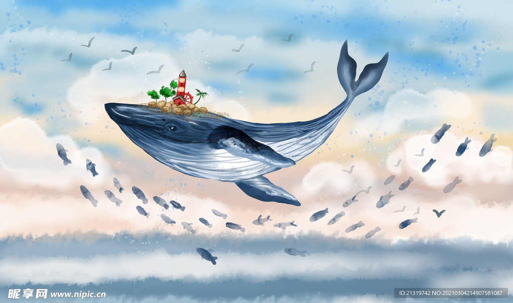 可爱鲸鱼手绘北欧清新儿童房背景