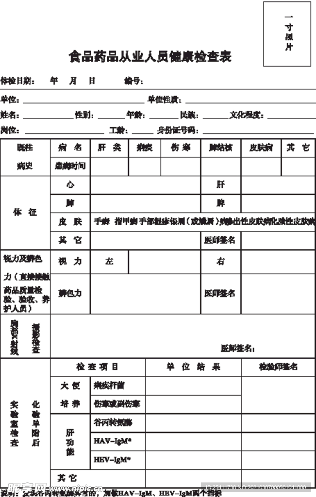 食品药品从业人员健康检查表