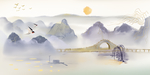 手绘鱼塘池塘群山山水画