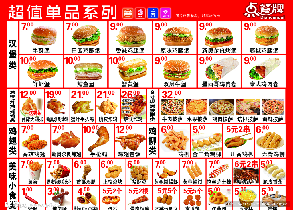汉堡价目表