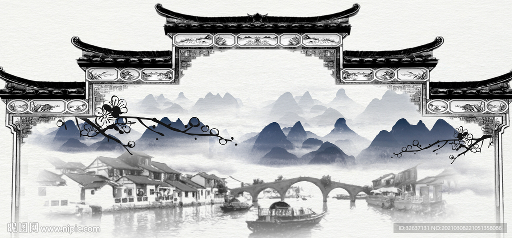 新中式山水画背景古代石大门