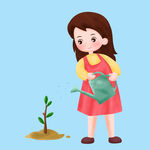 卡通女孩给树苗浇水
