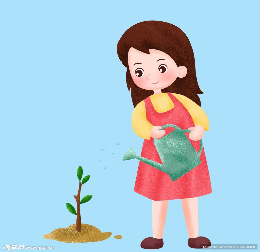卡通女孩给树苗浇水