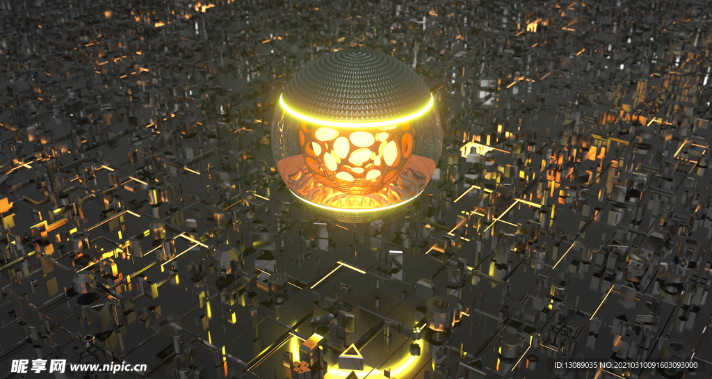 C4D科技发光金属球背景