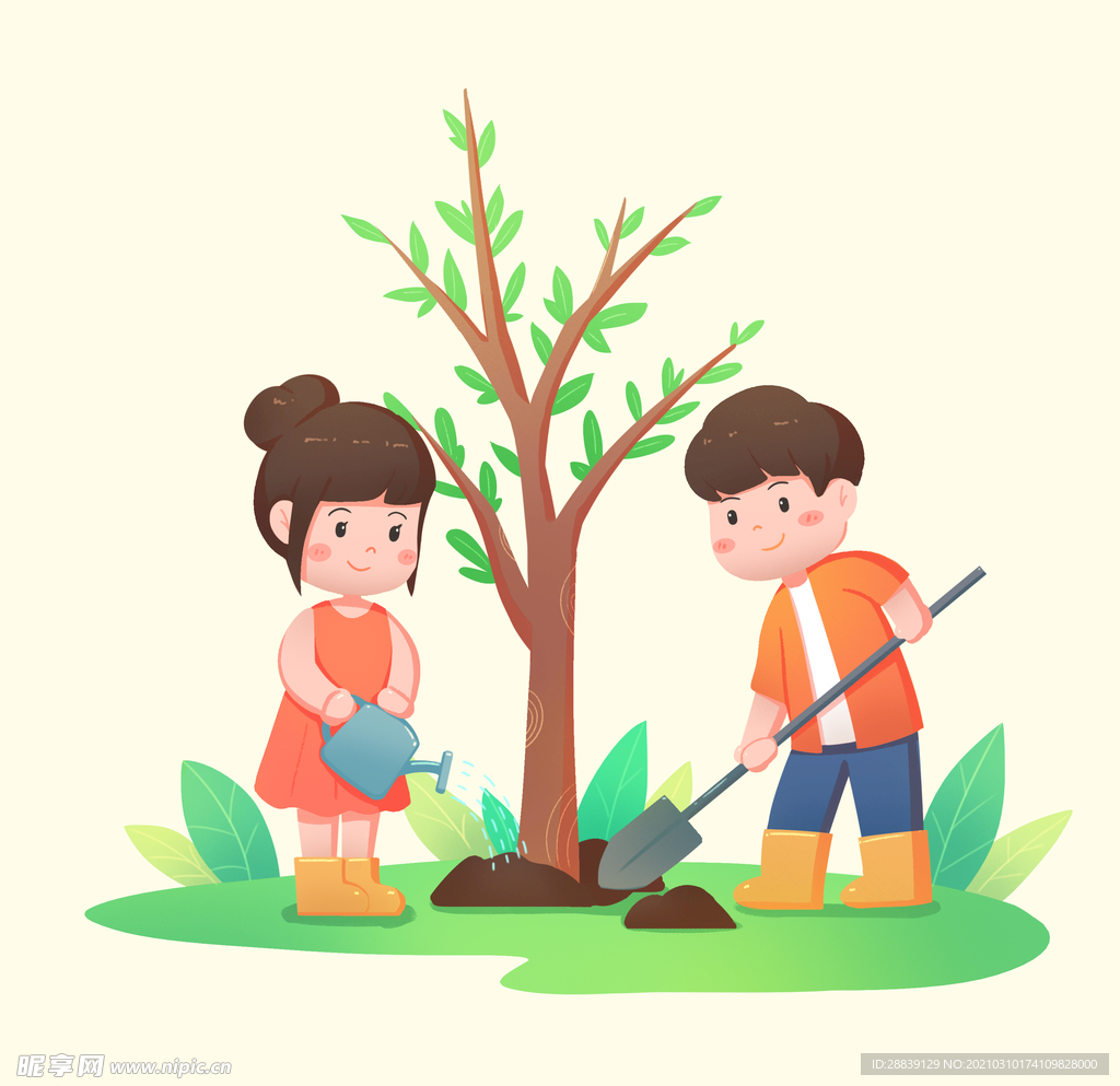 卡通小孩种树