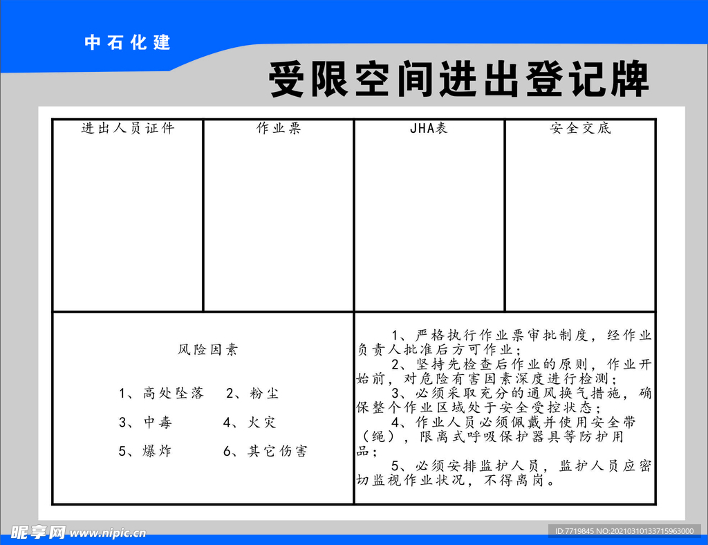 受限空间进出登记牌