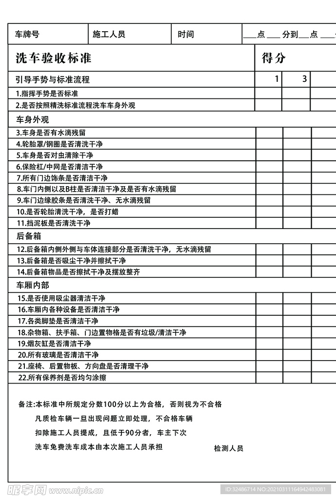 洗车验收标准表