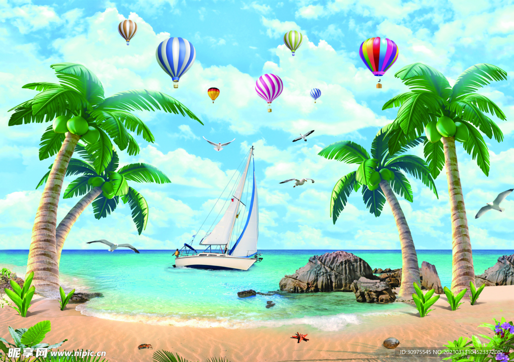 海边沙滩椰子树热气球