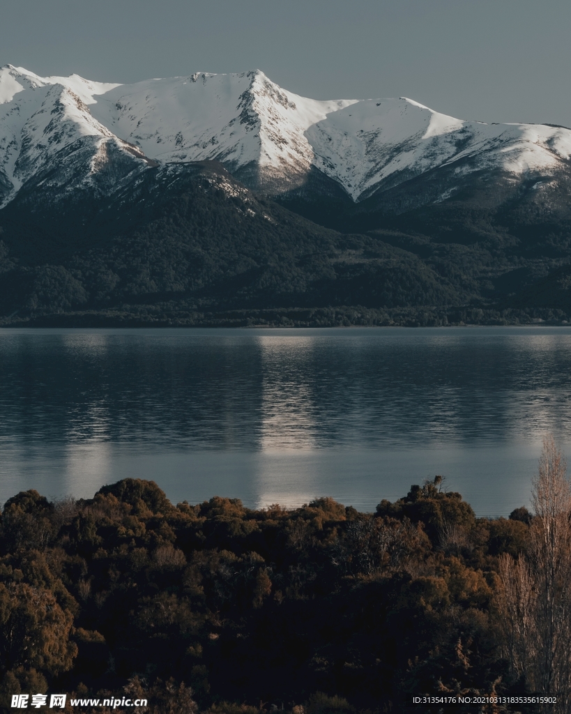 雪山湖水树木