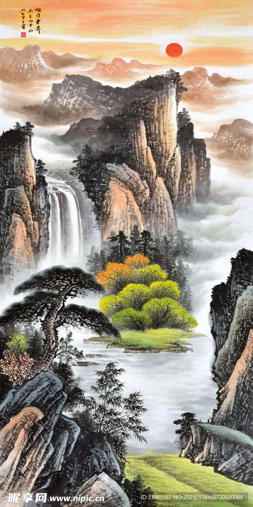 中式山水旭日东升装饰画背景墙
