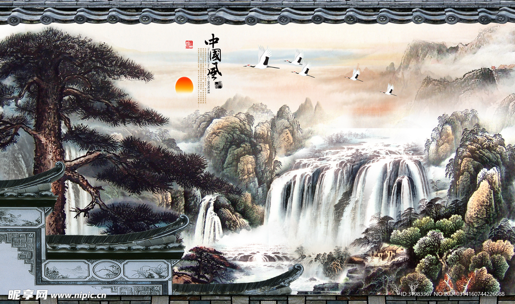 中式山水迎客松装饰画背景墙