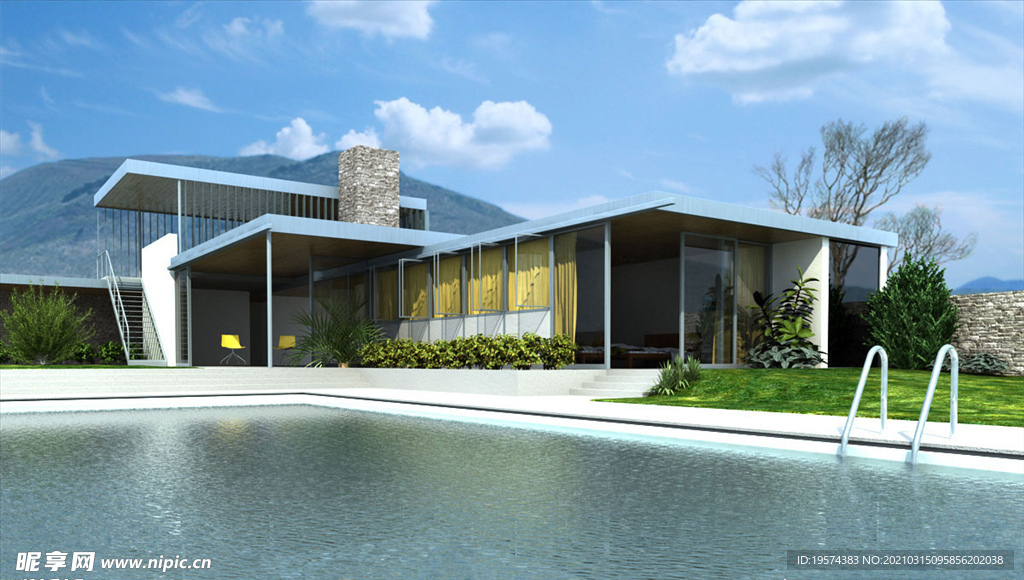 C4D模型私人住宅泳池别墅模型