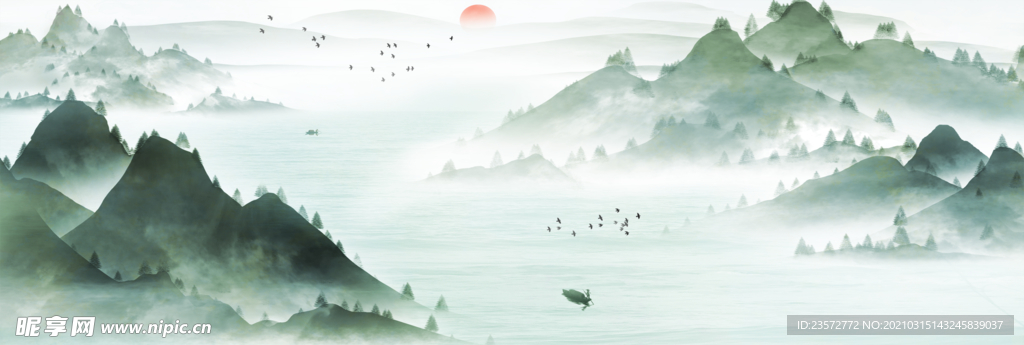 山水日出风景水墨画
