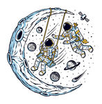太空宇航员航天月亮秋千手绘插画