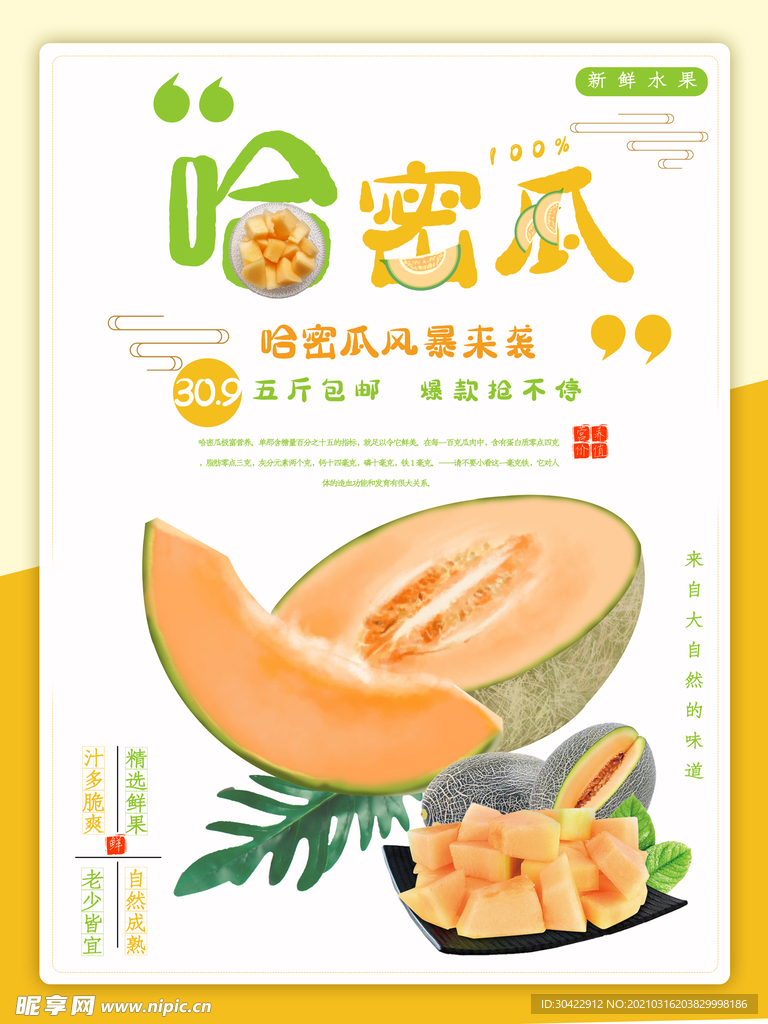 简约清新夏季水果哈密瓜促销海报